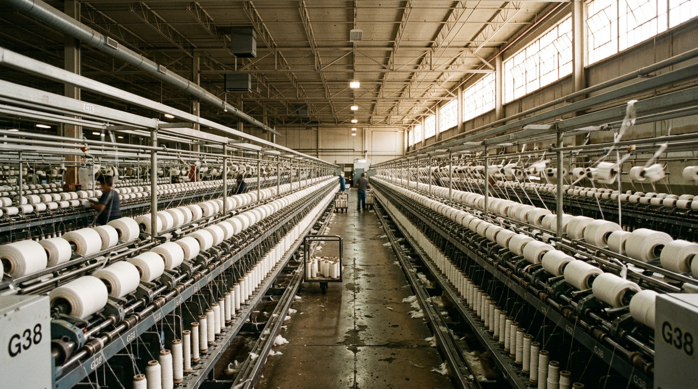 Spinning hall with long rows of ring frames and cotton yarn bobbins