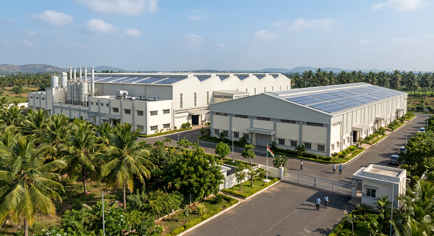 Exterior of the Lakshmi Narasimar Textiles mill with rooftop solar panels