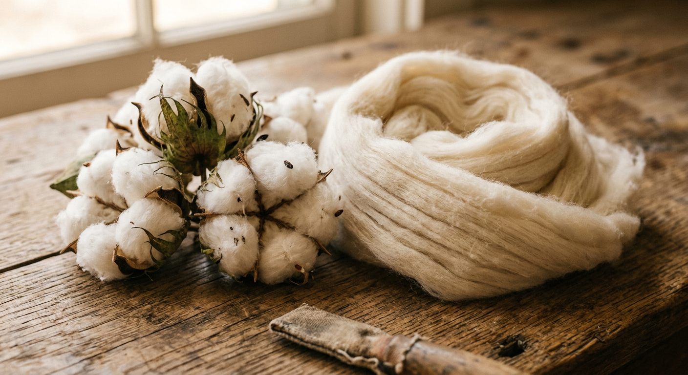 Raw cotton bolls and carded cotton sliver
