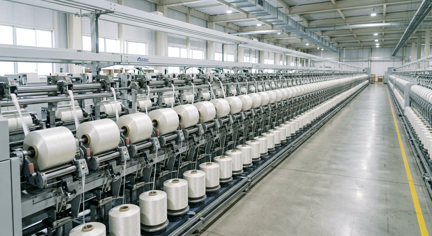 Row of Muratec Vortex spinning machines winding lustrous viscose yarn packages