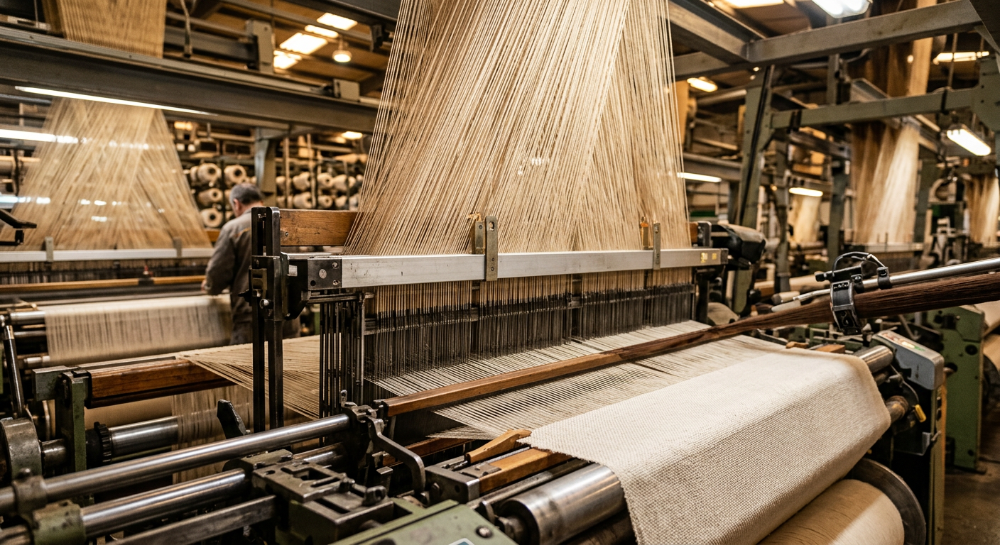 Close-up of warp threads converging into woven fabric on an air-jet loom